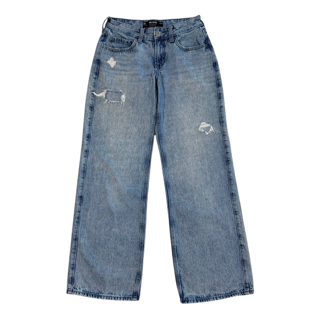 Hollister Low-Rise Baggy Jeans Light Wash Distressed Ripped W24R 00R Blue Cotton
